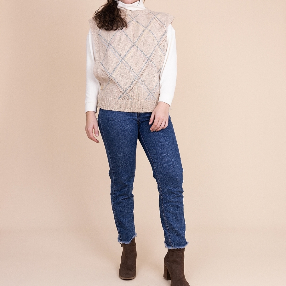Vintage Y2K Argyle Sweater Vest Grandpa Knit Top Shetland Wool Pastel Preppy